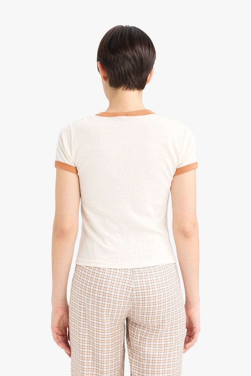 DeFacto Beige Woman Fall in Love Fitted Crew Neck Printed Ribbed Top Casual - Image 5